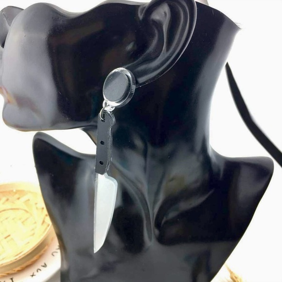 Spooky Silver Knife Earrings Creepy Goth Halloween Cosplay Statement Jewelry - Picture 7 of 11